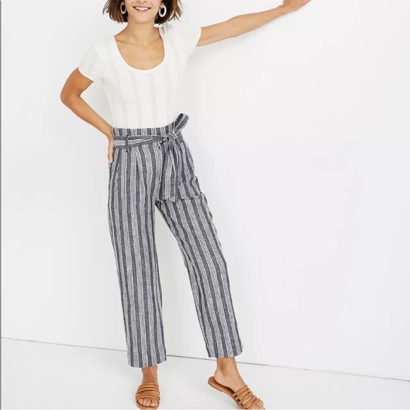 Madewell Pants - BOGO! Madewell Linen Blend Paperbag Waist Striped Pants Navy 8